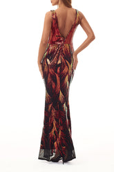 Elegante vestido de noche universitario con cuello en V y bloques de colores en contraste